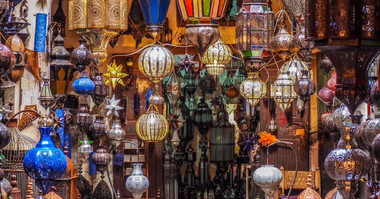 Vibrant Moroccan lights and lamps in a Marrakech souk
